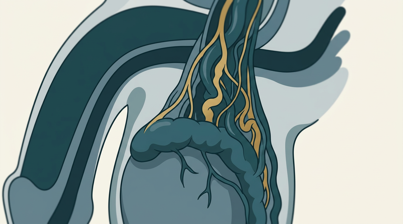Ilustração vetorial de close-up de testículo e epidídimo com veias varicosas dilatadas em tom dourado.