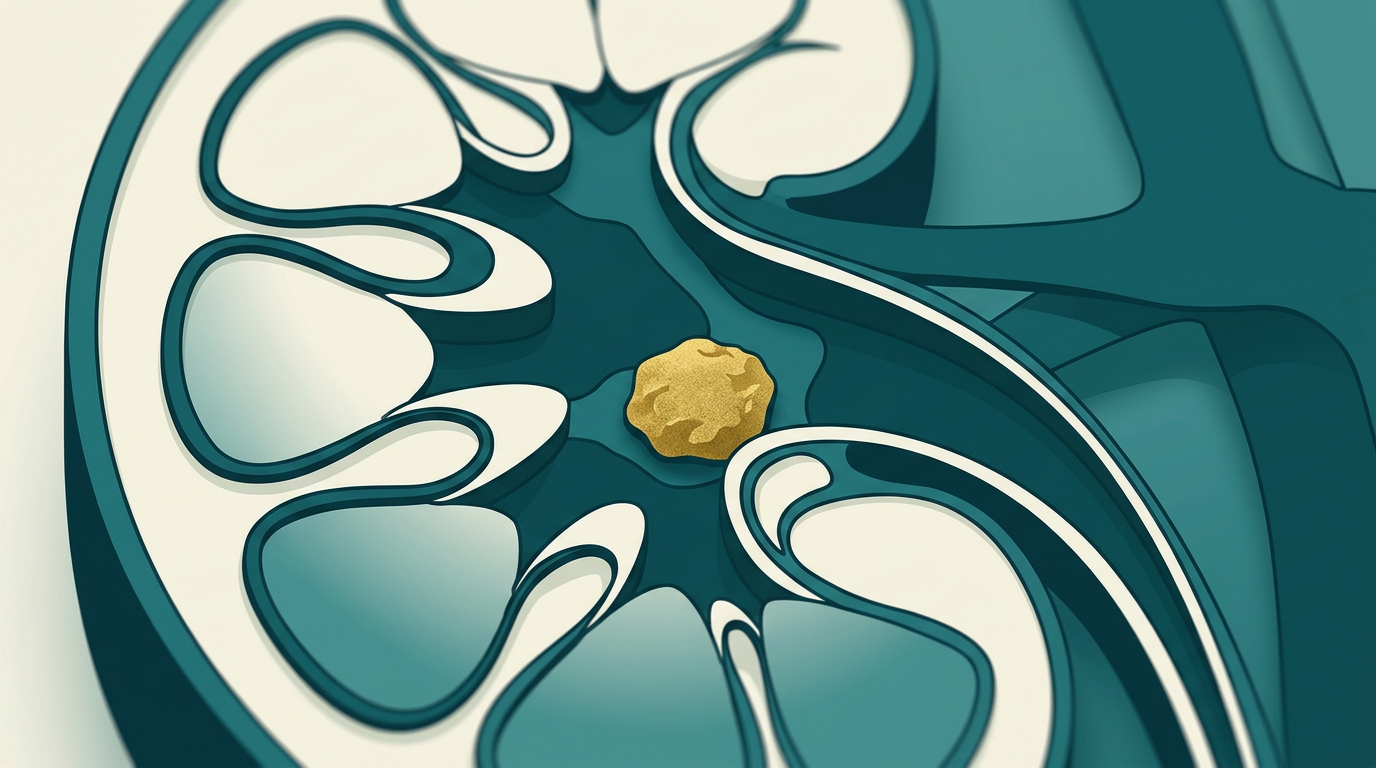 Ilustração vetorial de um rim em corte, com um cálculo renal dourado destacado na pelve renal.