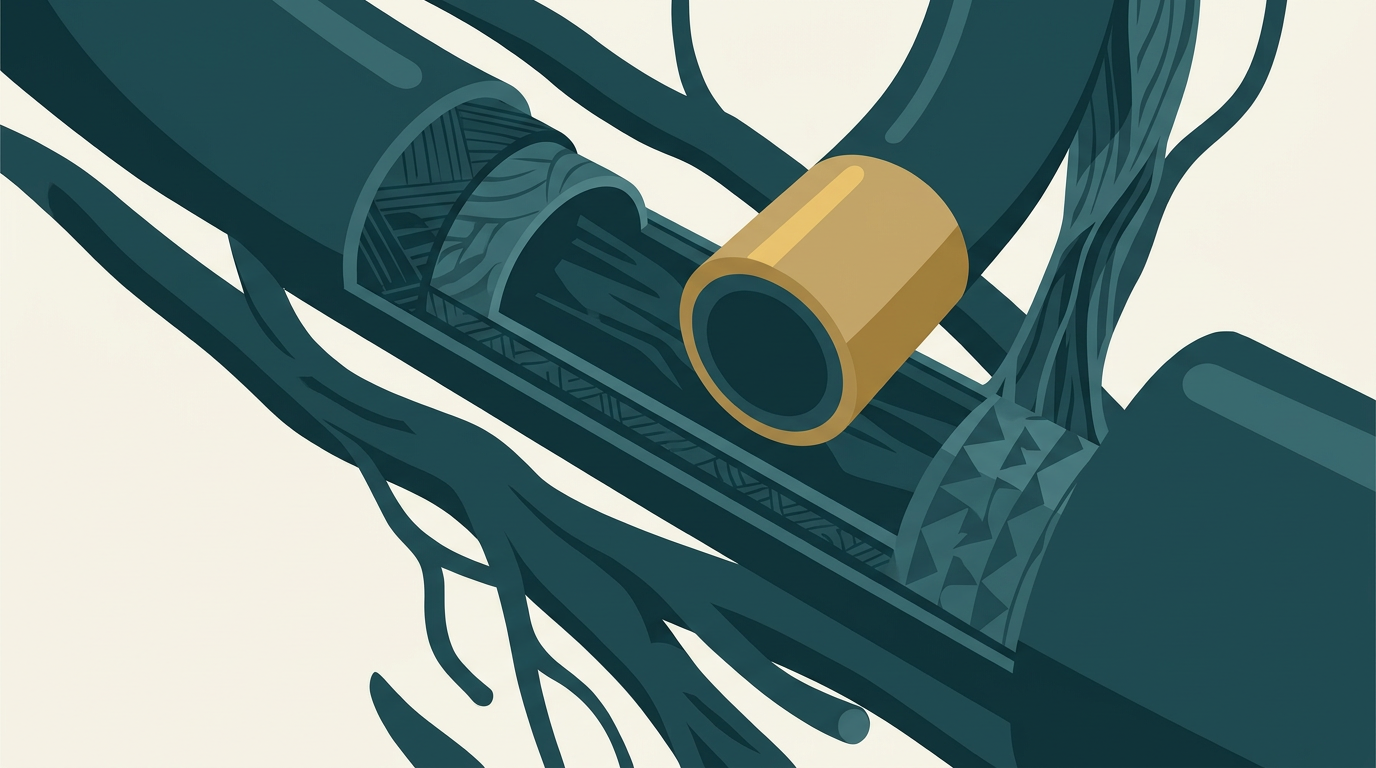 Ilustração vetorial detalhada do ducto deferente e vasos sanguíneos adjacentes, com acento dourado, em tons de azul e cinza.
