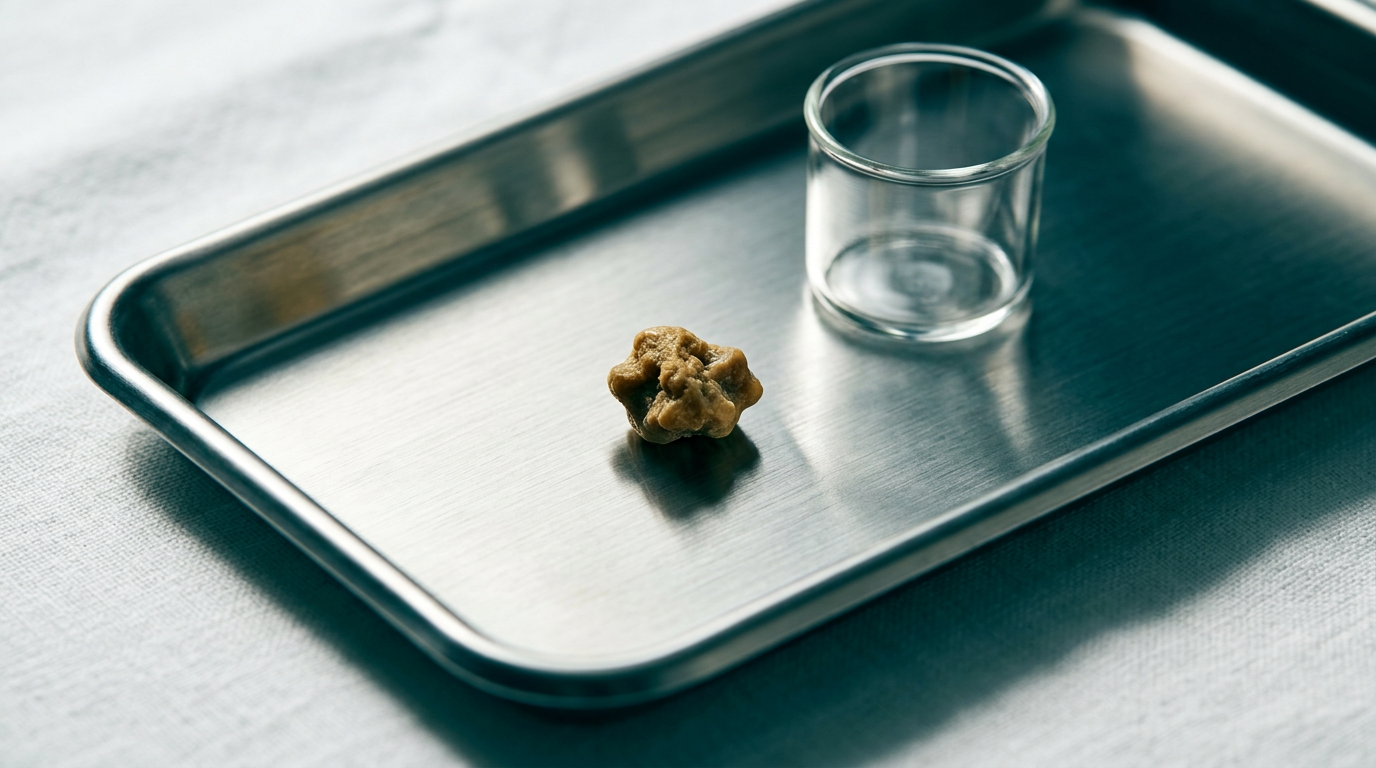 Cálculo renal sintético e copo de medição de vidro em bandeja de aço inoxidável, com iluminação de estúdio.