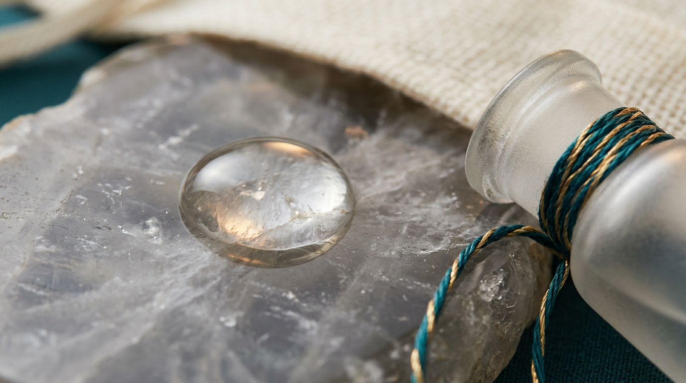 Uma gota de soro transparente sobre um cristal mineral texturizado, iluminada por luz rasante, com um fundo creme suave.