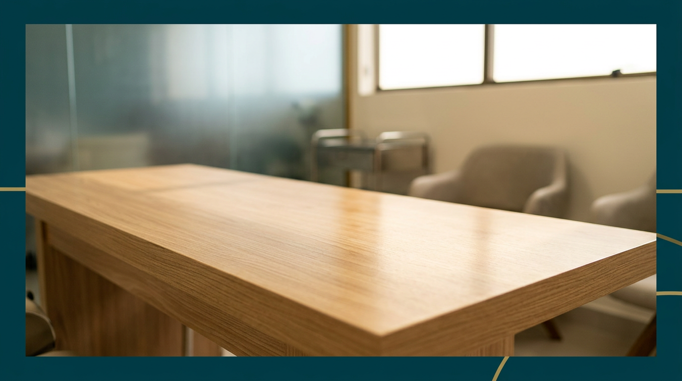 Mesa de exame moderna em consultório urológico com luz natural, madeira clara e fundo desfocado.