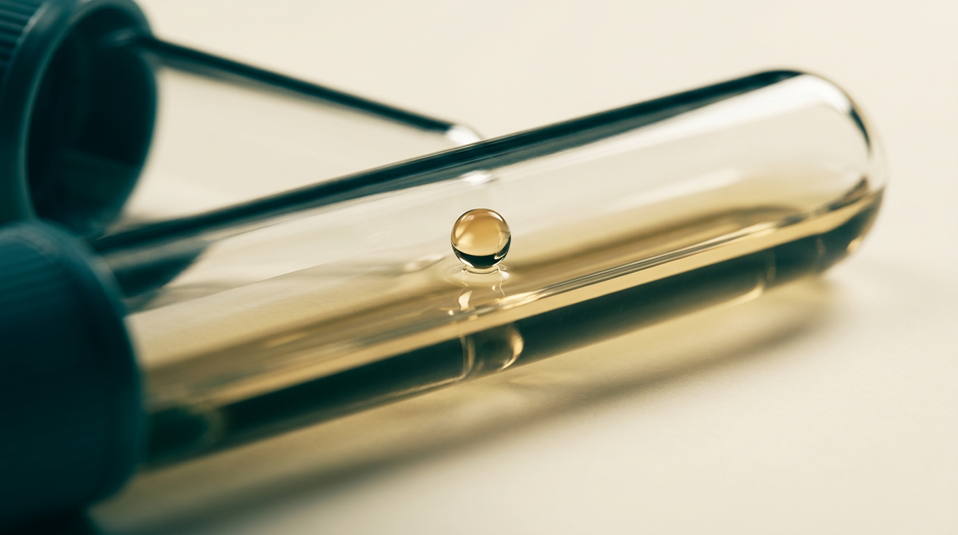 Close-up conceitual de um tubo de ensaio com uma gota de líquido prestes a cair, simbolizando a precisão laboratorial.